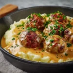 Hackbällchen mit cremiger Sauce und Kartoffelpüree